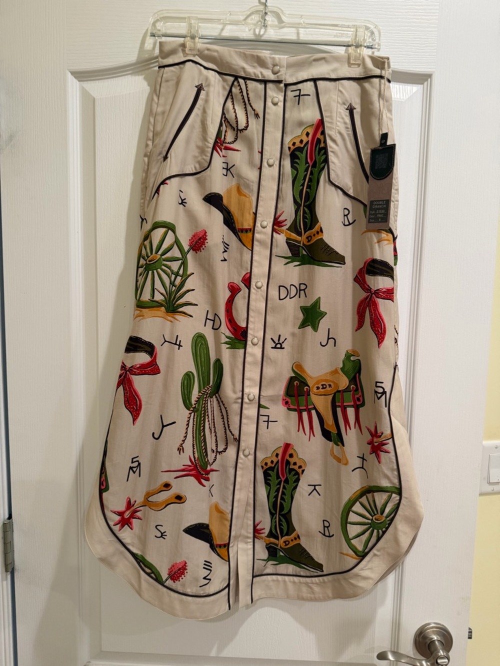 Double Beige Western Print Button-Front Skirt
